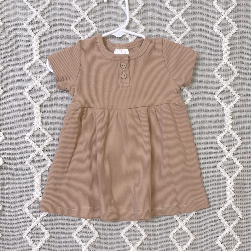 NEW Boutique Pale Pink Short Sleeve Button Ribbed Organic Cotton Dress